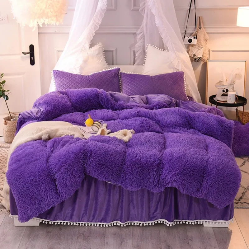 

Luxury Plush Shaggy Bedding Set Faux Fur Duvet Cover Quilted Ruffle Bedskirt Pompoms Fringe Pillow Shams