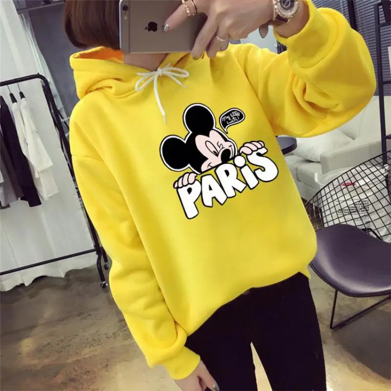 

Autumn Winter Ladies Cute Mouse Cartoon Print Pullover Harajuku Long Sleeved O Neck Warm Fleece Hooded Shirt Women Clothing