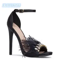 Стильная обувь для бега с черным пером и стразами; женские летние босоножки на шпильке с открытым носком; босоножки на высоком каблуке с