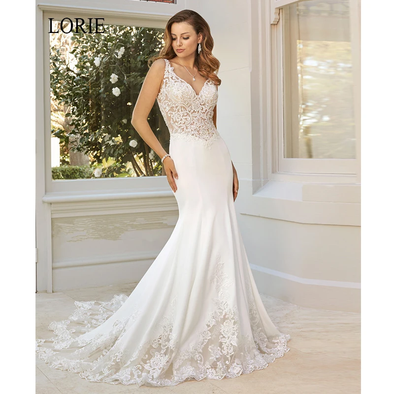 

LORIE Elegant Lace Appliques Wedding Dress Stain Bridal Gown Summer Sleeveless Backless Sweetheart Bride Dress vestido de noiva