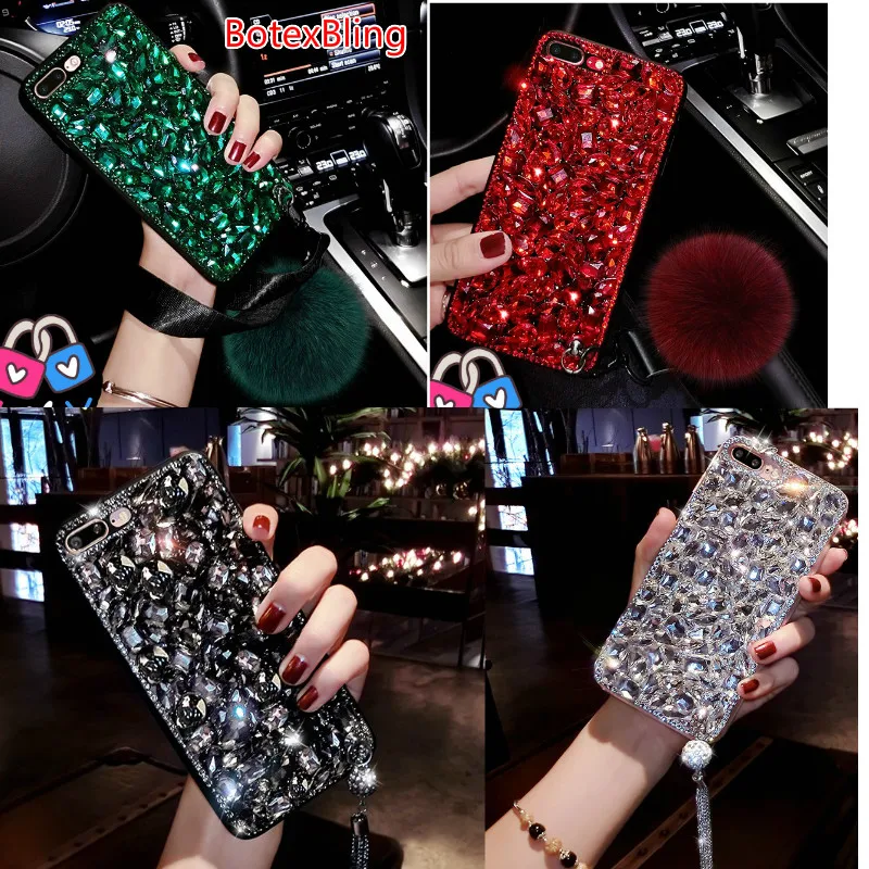 

Luxury big gem diamond fluffy fox fur ball cover for iphone XS max XR X 8plus 7 7plus 6 6s s8 s9 s10 plus s6edge s7 note8 note9