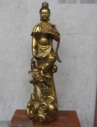 

China Fane Bronze Gild Ride Dragon Guan Yin Kwan-yin Boddhisattva Buddha Statue