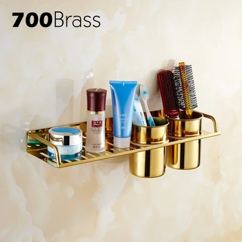 

Stainless Steel Organizer Shelf With Cup Holders, Kitchen Shelf, 1 Tier Bath Shower Shelf, Bathroom Accessories, Polished Gold