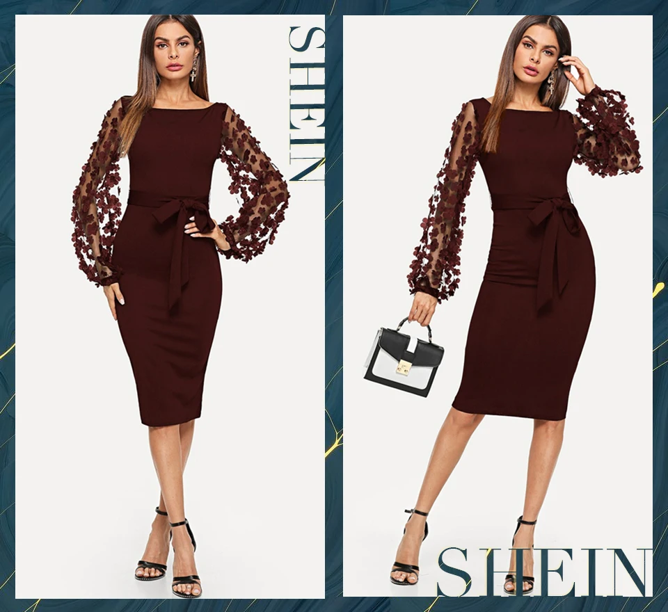 SHEIN Облегающее Платье С Оригинальным Рукавом, Платье С Цветочной Аппликацией, Однотонное Миди Платье