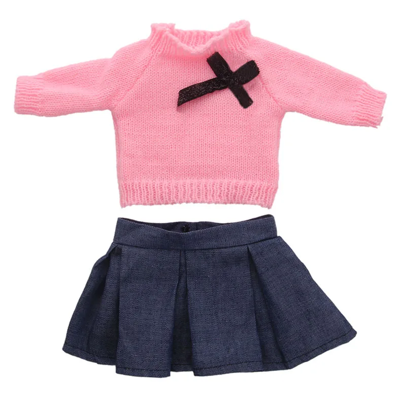 3 цвета, свитер с галстуком-бабочкой+ джинсовая юбка, подходит для 18 дюймов, американский и 43 см, Детская кукольная одежда, аксессуары, игрушки для девочек, поколение - Цвет: n1486