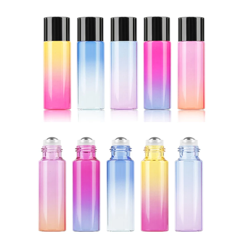 

10ml Glass Empty Cosmetic Containers Gradient Color Essential Oil Stainless Steel Roller Ball Bottle Travel Perfume Bottle