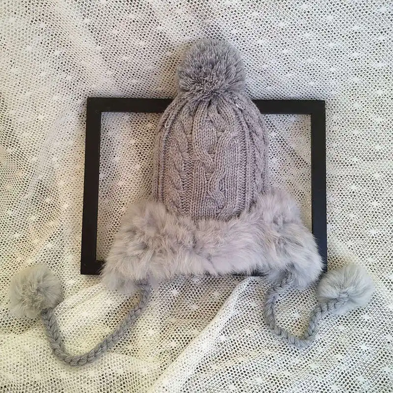 Зимние шерстяные вязаные шапки-бомберы для женщин, шапка с помпоном из кроличьего меха, теплые шапки-шапочки