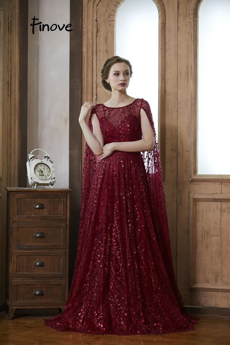 Finove Prom Dresses Long 2020 Robe De Soiree Wine Red Reflective Dress Sequined Elegant O Neck A Line Formal Party Woman Dress