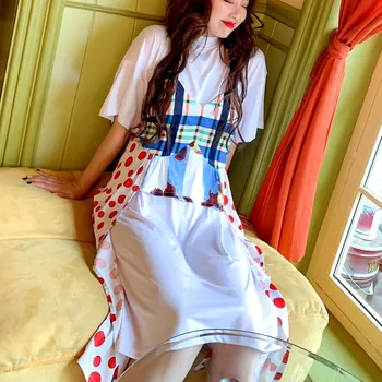 

2 Pcs New Summer Loose Women Long White Tees Dresses And Strapless Floral Print Spliced Patchwork Casual Dress CC092