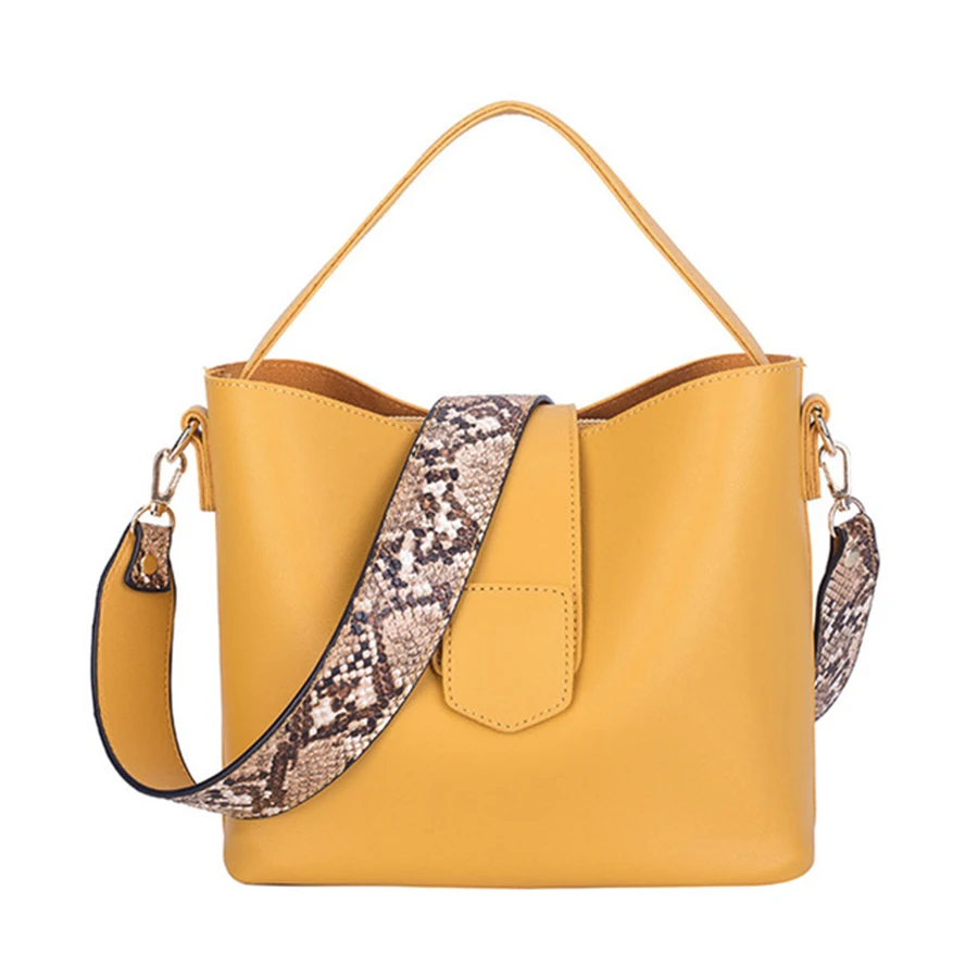  Designer Snake Pattern Wide Shoulder Strap Women Handbag Soft Leather Bucket Bag Casual Shoulder Me - 32967246246