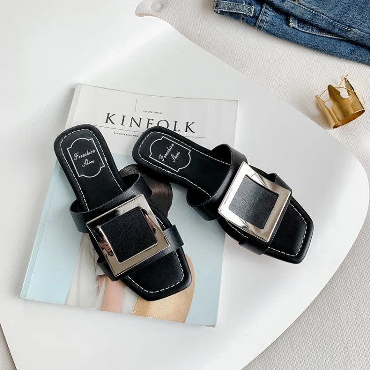 

women fashion outside slides square toe slippers slip on shoes women beach shoes flip flops Metal decoration slides sandals