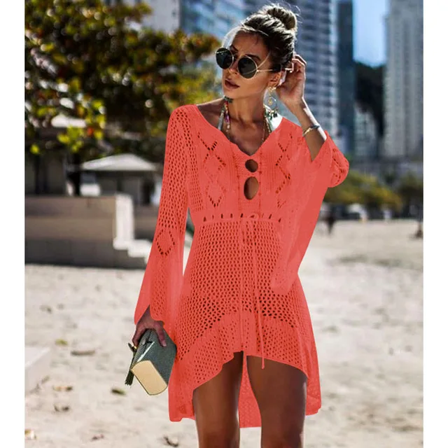 Вязаное крючком белое пляжное платье, туника, длинное парео, бикини, накидка, купальный халат, пляжная одежда - Цвет: Orange