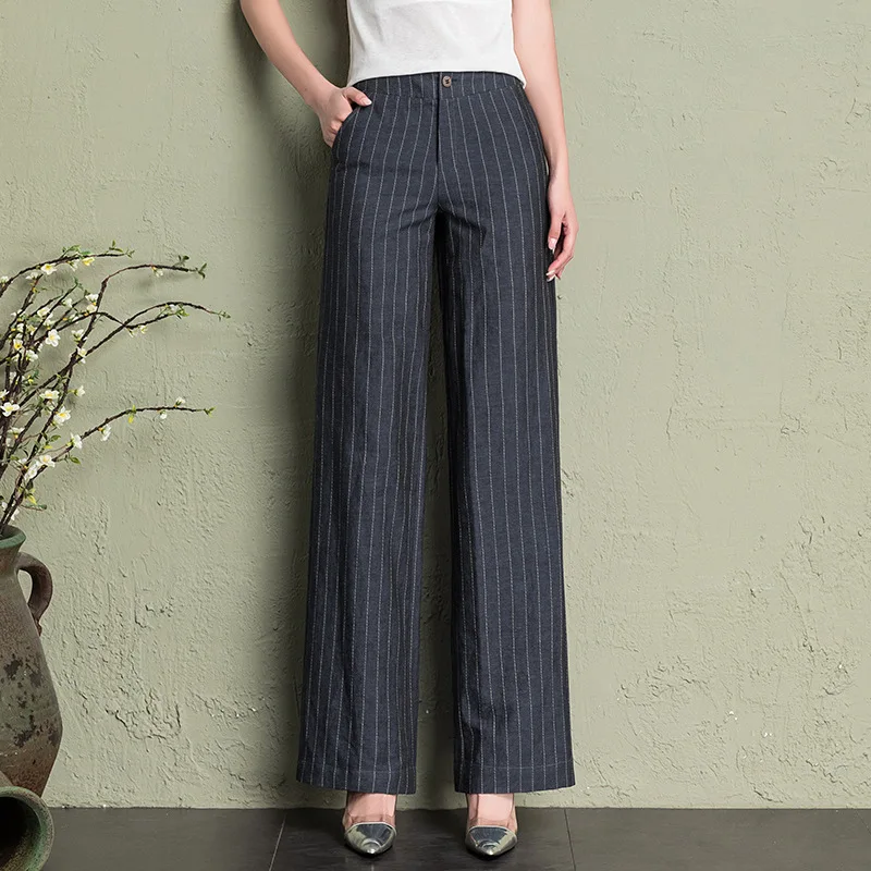 summer Women's Striped High Waist Wide Leg Pants OL Style Loose Cotton linen Long Pants Casual Women Trousers summer Women's Striped High Waist Wide Leg Pants OL Style Loose Cotton linen Long Pants Casual Women Trousers