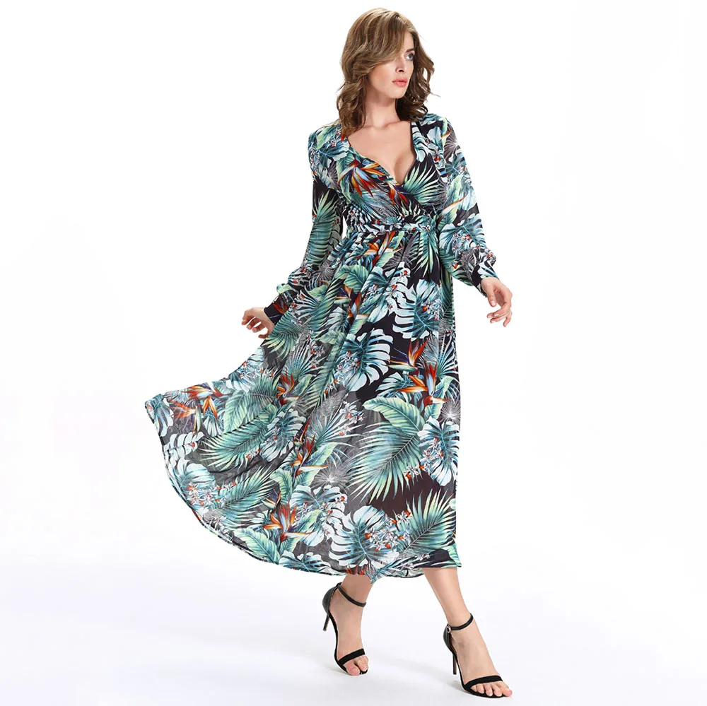 Wholesale 2017 New Summer Women Long Maxi Dress Fashion Casual Deep V-Neck Tropical Print Dresses Long Sleeve Holiday Beach Dress Vestidos Buy Cheap 2017 New Summer Women Long Maxi Dress Fashion Casual Deep V-Neck Tropical Print Dresses Long Sleeve Holiday Beach Dress Vestidos