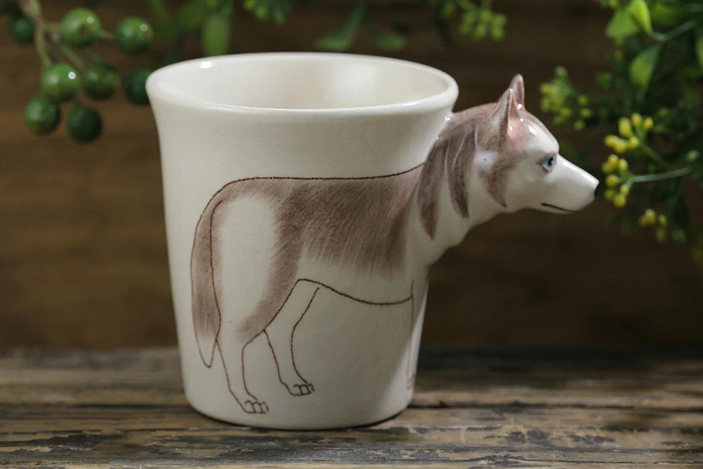 Креативная белая керамическая чашка хаски, ручная рисованная кофейная кружка с изображениями животных, 3D кружка с героями мультфильмов, чашка для собак
