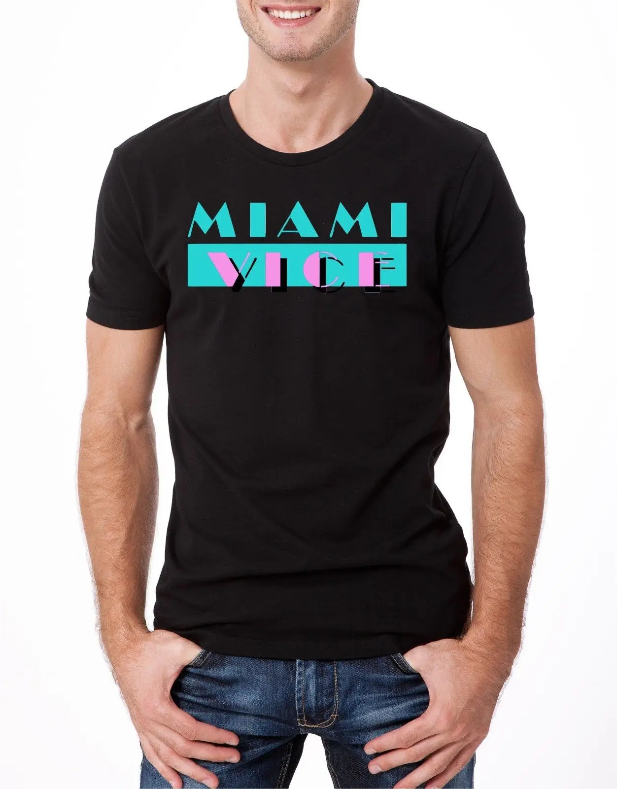 

MIAMI VICE T-SHIRT TV THEMED TRIBUTE MOVIE FILM CULT TUBBS CROCKET BLACK Sleeve Tops T Shirt Homme Top Tee