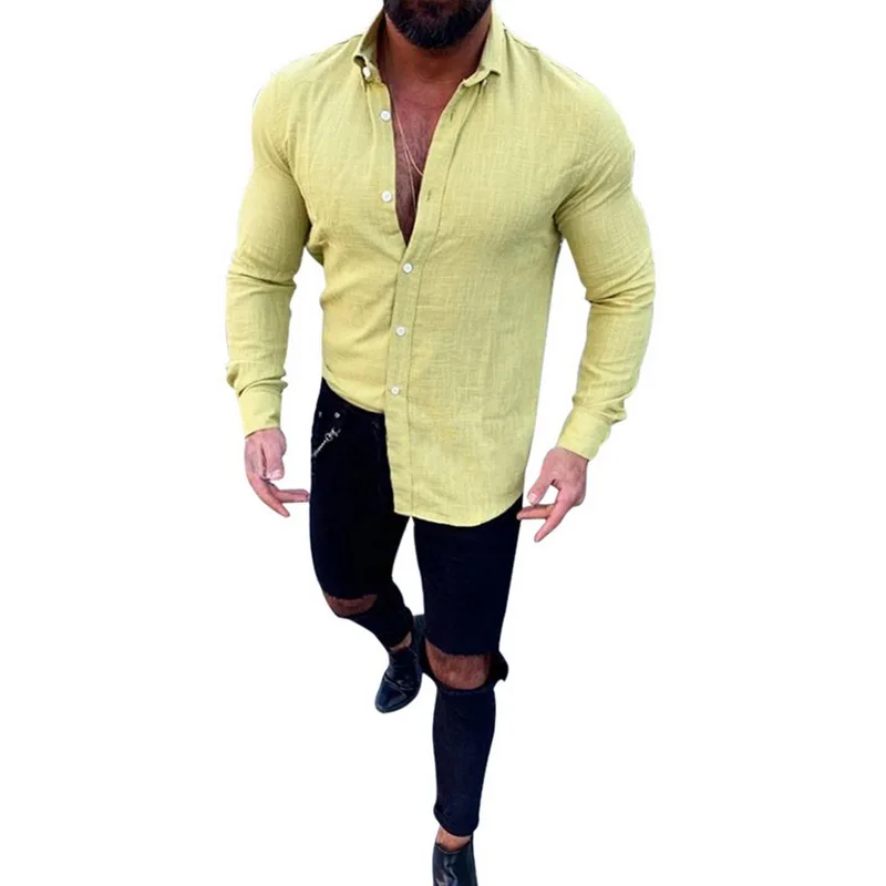 

SHUJIN Men Casual Spring Shirts Solid Long Sleeve Cotton Turn Down Collar Dress Shirts Botton Down Party Slim Fit Tops