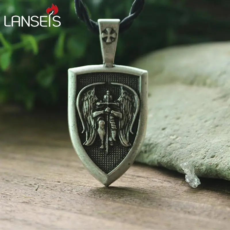 

lanseis 1pcs men necklace Archangel St.Michael Protect Me Saint Shield Protection pendant jewelry