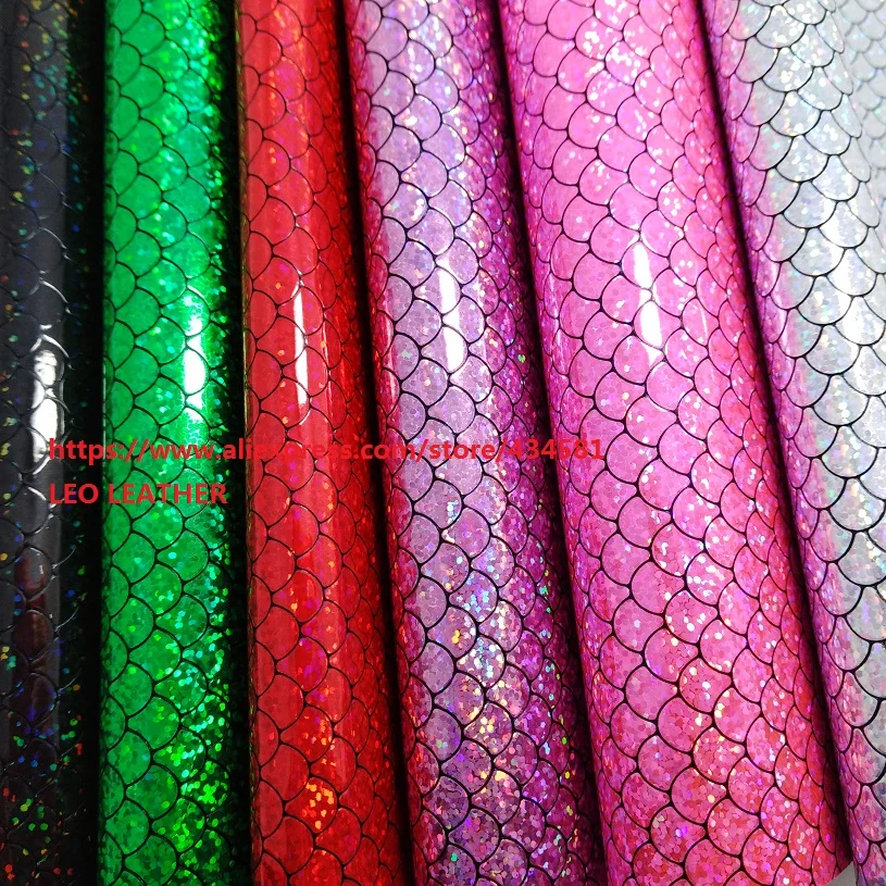 

Mermaid Fish Scales Leather with Glitter Inside Iridescent Synthetic Leather for shoes handbags and DIY accessories P1578