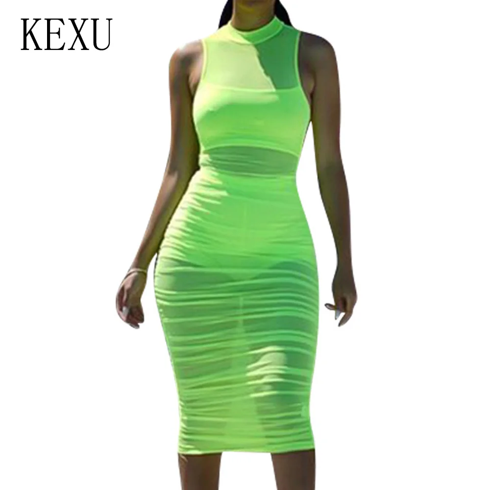 

KEXU Sexy Perspective Mesh Pleated Club Party Dress Summer Elegant Fashion O Neck Sleeveless See Through Bodycon Pencil Dress