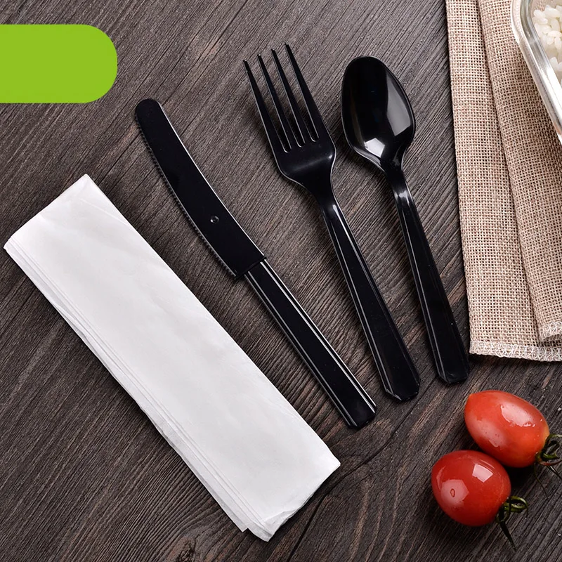 Black/White Disposable PP Spoon Knife Fork Napkin Portable Party