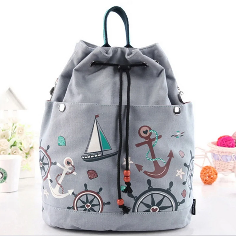Women Canvas Drawstring Backpack Bucket Beach Bag Girls Casual Sack Bag