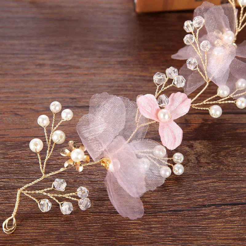 Girl Pink Pearl Flower Headbands Handmade Golden Wire Floral Women Hairband Headpiece Wedding Bridal Hair Jewelry Accessories SL