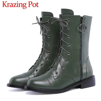 

Handsome girls pop motorcycle boots rock style soft cow leather round toe zip round toe low heels cross-tied mid-calf boots L11