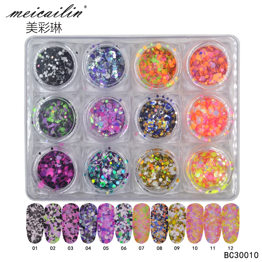 

Meicailin 12 colors Plastic Nail Art Glitter Powder Color Mixed Round Nail Glitter Sequins Women Beauty Salon Manicure Tools