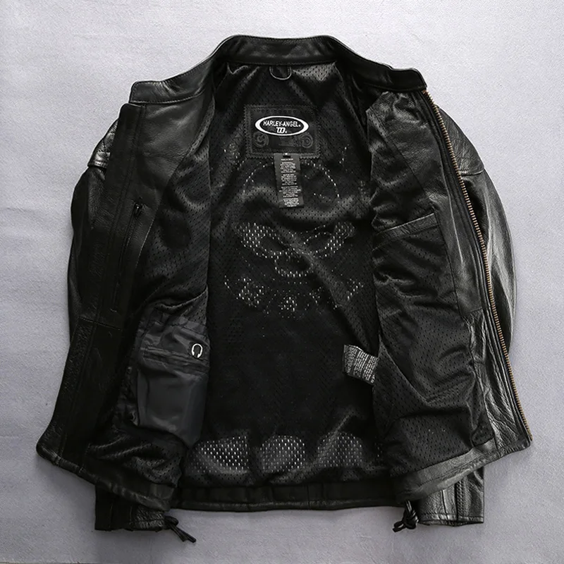 DHL free shipping Men Genuine Leather Jacket Vintage Classic Warm Motorcycle Biker Black Jacket Skull Embroidery Cowhide Coat