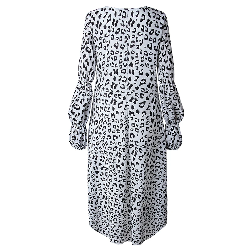 Women's Sexy Leopard Printing Dress 2019 Autumn Long Sleeve O-Neck Irregular Dresses Lantern Sleeve Female Casual Dress Vestidos