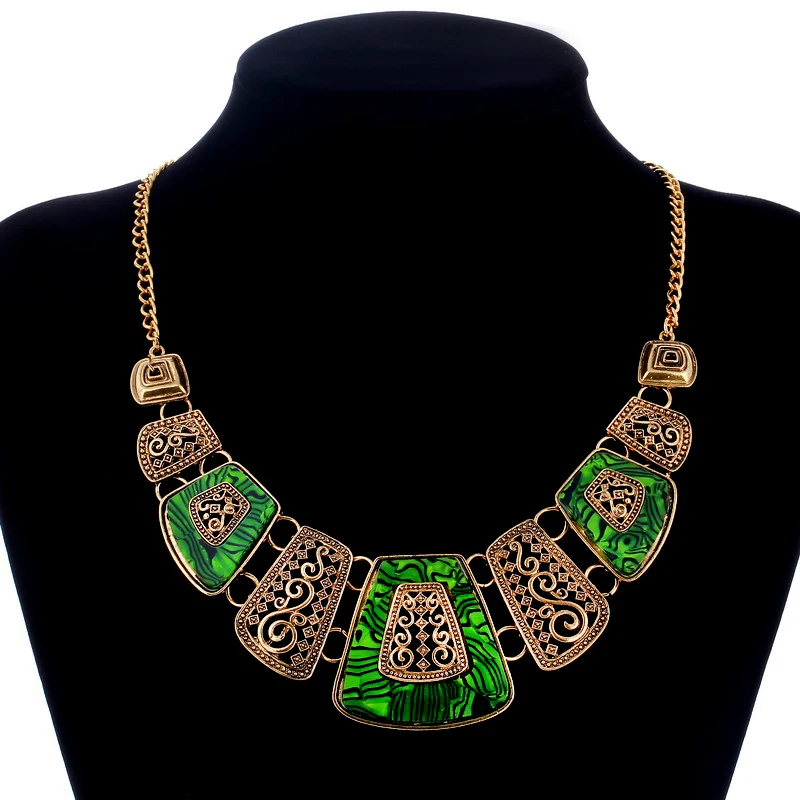 

Vintage Choker Necklace Maxi Necklace Ethnic Collare Bronze Hollow Green Pendant Statement Necklace Jewelry Women Accessories