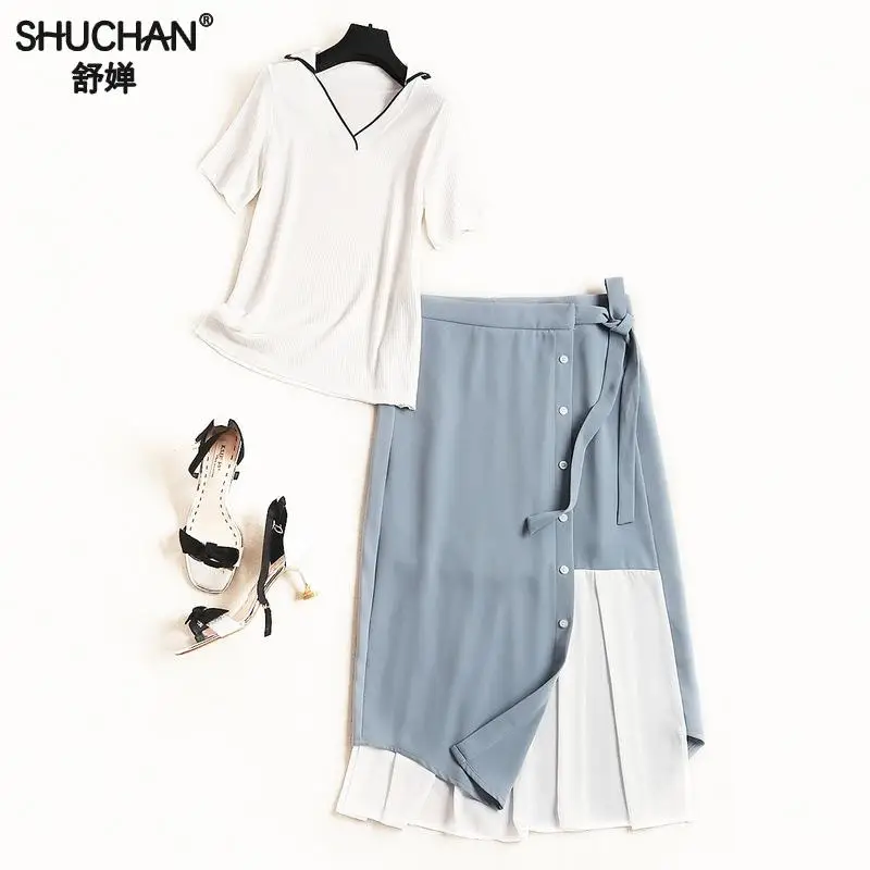 

Shuchan 2019 Women Designer Suit Knitted Top+patchwork Skirts Knee-length Drawstring Two Piece Set Conjunto Feminino 50826