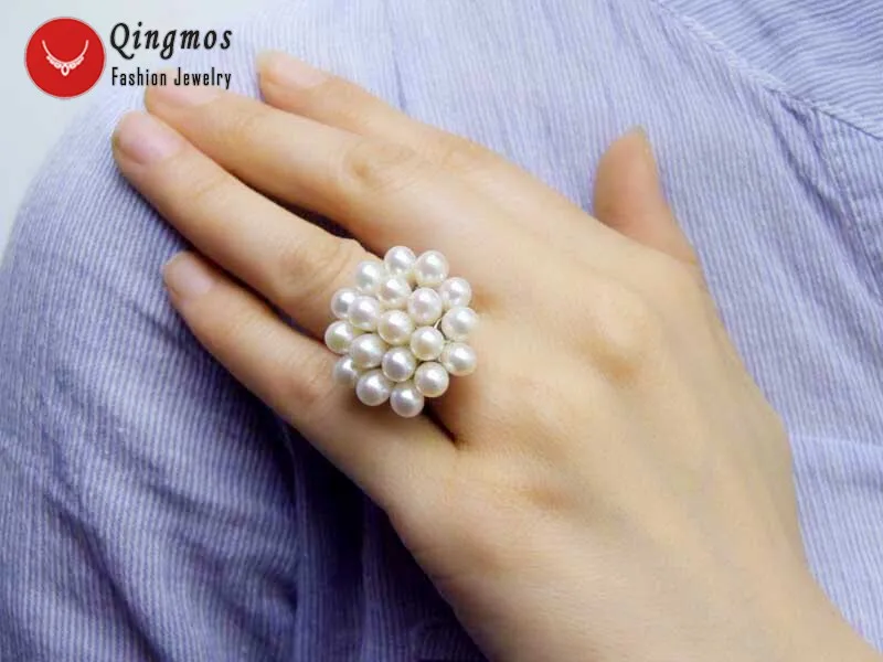 Qingmos мода, белый жемчуг кольцо для женщин с белым рисом натуральный жемчуг 25 мм цветок кольцо#8-9 хорошее ювелирное изделие подарок Rin26
