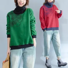 Большие размеры 4XL, Осень-зима, женские модные элегантные топы с воротником под горло с цветочным принтом, женские большие хлопковые флисовые футболки, блузы