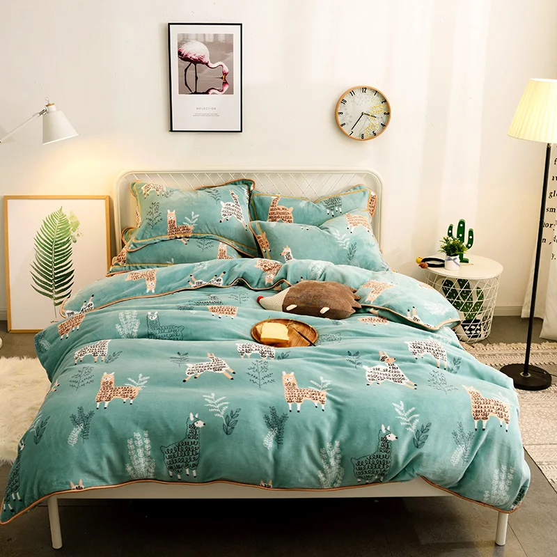 4pcs Winter Warm Fluffy Plush Thick Flannel Fleece Cartoon Green