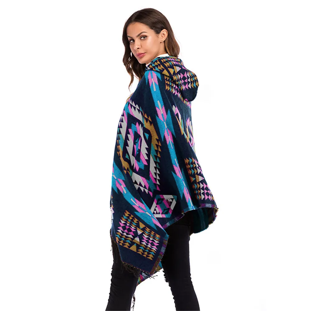 Hooded large size national wind cloak shawl geometric pattern fringed coat female