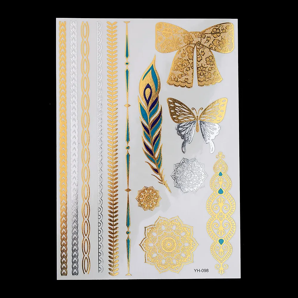 DIY 1pc Flash Sexy Products Metallic Waterproof Tattoo Gold Silver YH-098 Henna Feather Bow Tie Jewelry Temporary Tattoo Sticker