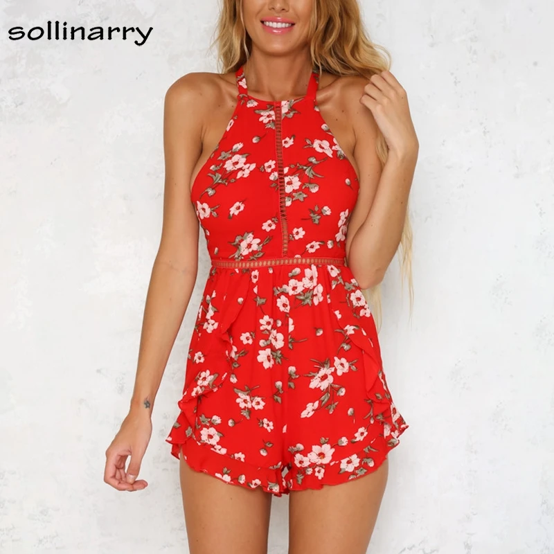 Sollinarry Sexy Summer Beach Boho Playsuit Cold Shoulder Red Halter Floral Playsuit Hollow Out Party Short Jumpsuits Rompers