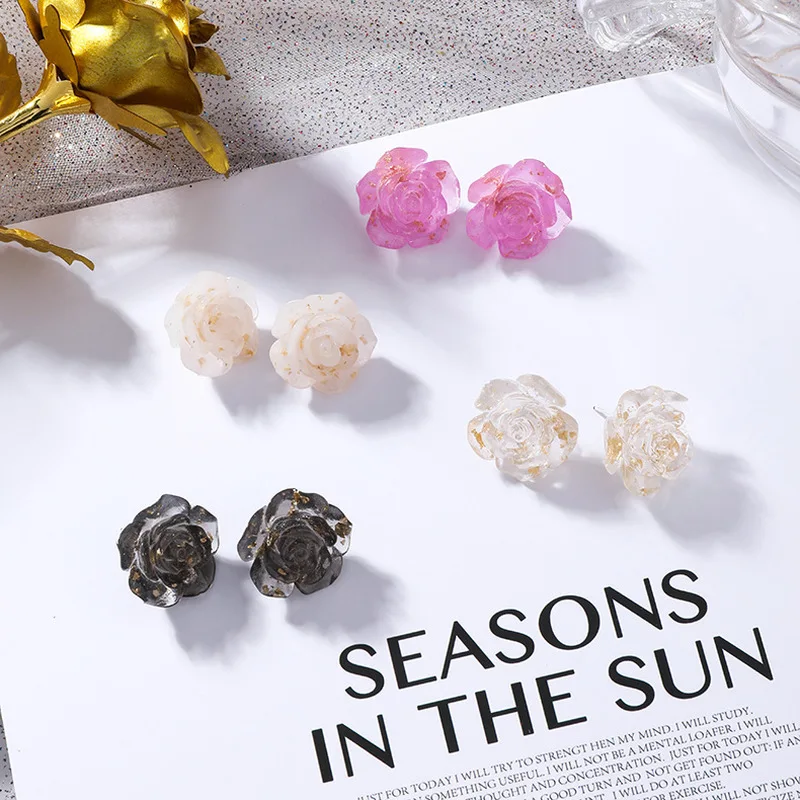 2019 New Hand Made Retro Gold Foil Resin Earrings Acrylic Rose Silver Needle Stud Earring for Women Fashion Accessories Jewelry | Украшения