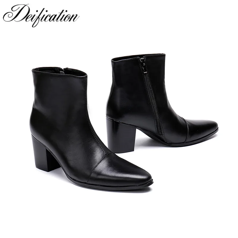 

Deification Solid Black Men Ankle Boots Botas Hombre Winter Warm Split Leather Shoes Men Western Cowboy Riding Motorcycle Boot
