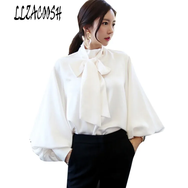 

2018 Spring New Fashion Runway Blouse Women Mandarin Collar Big Lantern Sleeve Bow Neck Loose Tops Elegant Chiffon Shirt