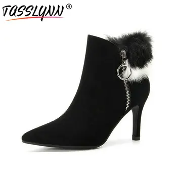 

TASSLYNN 2019 Women Ankle Boots Thin High Heelscow Suede Autumn Shoes Women Pointed Toe Fur Zipper Women Shoes Size 34-39