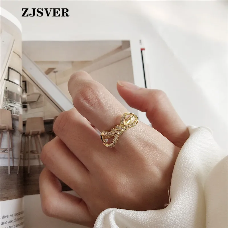 

ZJSVER Korean Jewelry 925 Sterling Silver Rings Gold Color Fashion Simple Bow-knot Women Ring For Festival Or Party Present