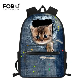 

FORUDESIGNS Newest Backpack Denim Cat Printing School Backpacks Teenagers Girls Rucksack for Children Mochila Escolar Kawaii