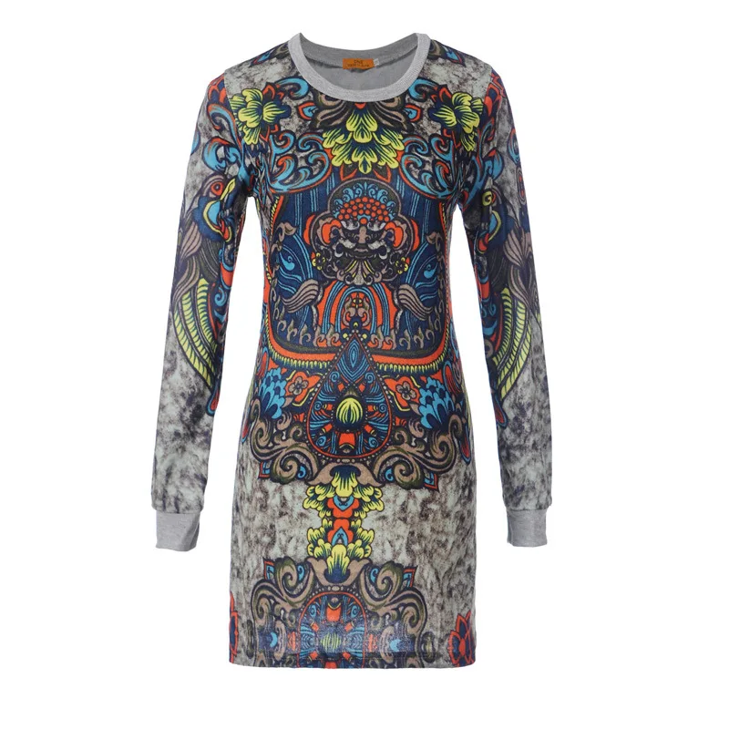 New Arrival Spring 2018 Women Vintage Dress Long Sleeve Printed Design Short Dress Gray Pink Knitted