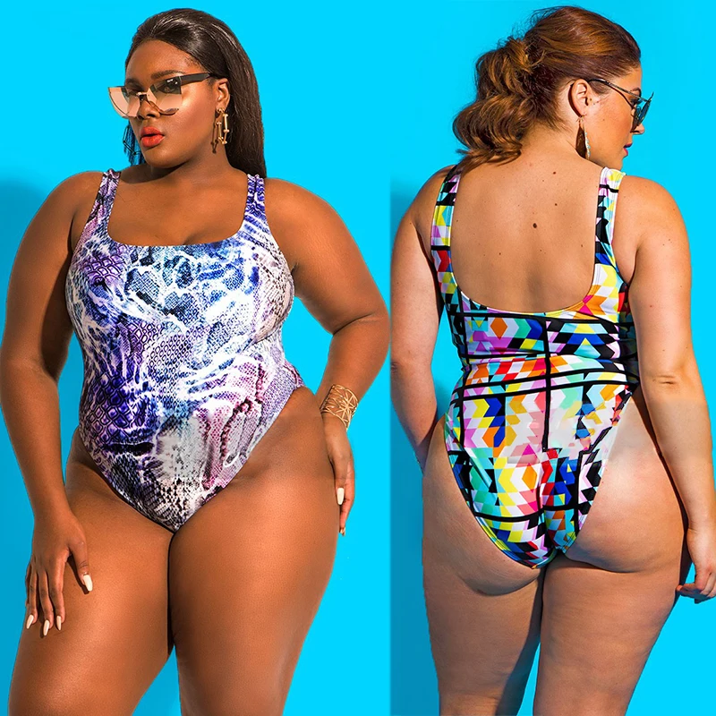 Cut Out Monokini Large Size 4XL One Piece Swimsuit Women Print Geometric Bathing Suit Big Size Vintange Swimwear Plus Size Suits