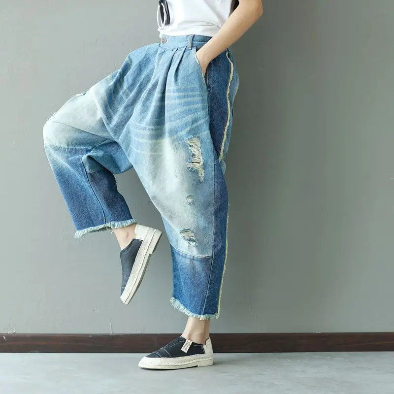 

2017 New Casual Boyfriend Harem jeans women Spliced Ankle-length Drop Crotch pants Hippie Punk ripped Boho Cross Pants G060601