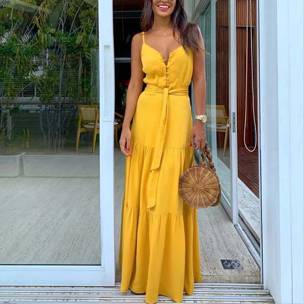 

Fashsiualy 2019 Fashion Women Summer Boho Sleeveless Strappy V-neck Bandage Party Beach Dress Bohemian Vestidos Whosale