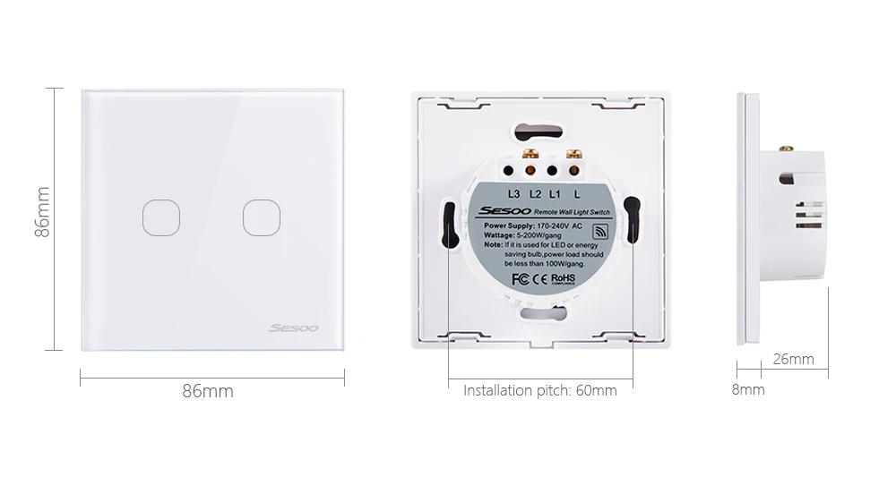  SESOO Smart Touch Switch 2 Gang 1 Way SY2-02 Remote Control Switches Waterproof Glass Panel Sensiti - 32724055945